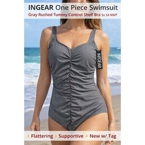 INGEAR One Piece Swimsuit Womens 14 Gray Ruched Tummy Control Shelf Bra NWT